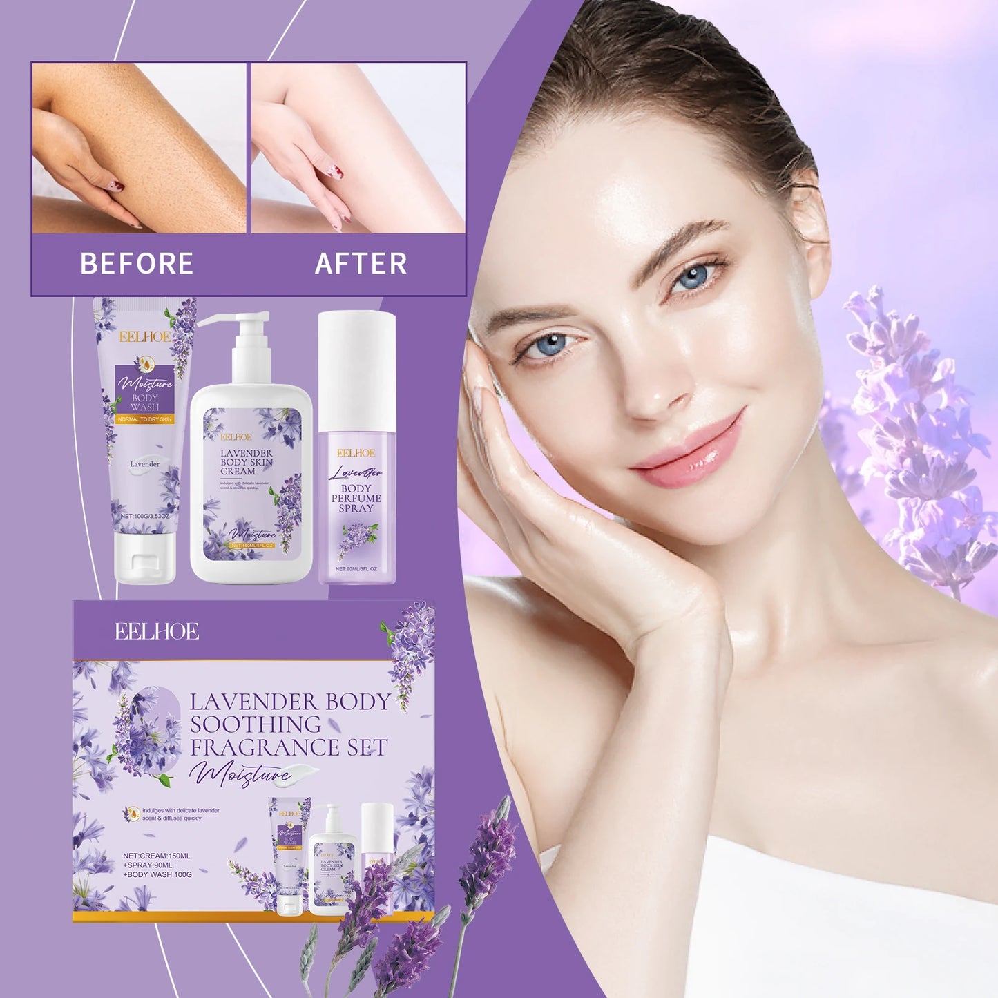 EELHOE 3 in 1 Lavender Body Soothing Fragrance Gift Box Relieve Skin Dryness Gentle Skin Hydrating Moisturizing Skincare Set