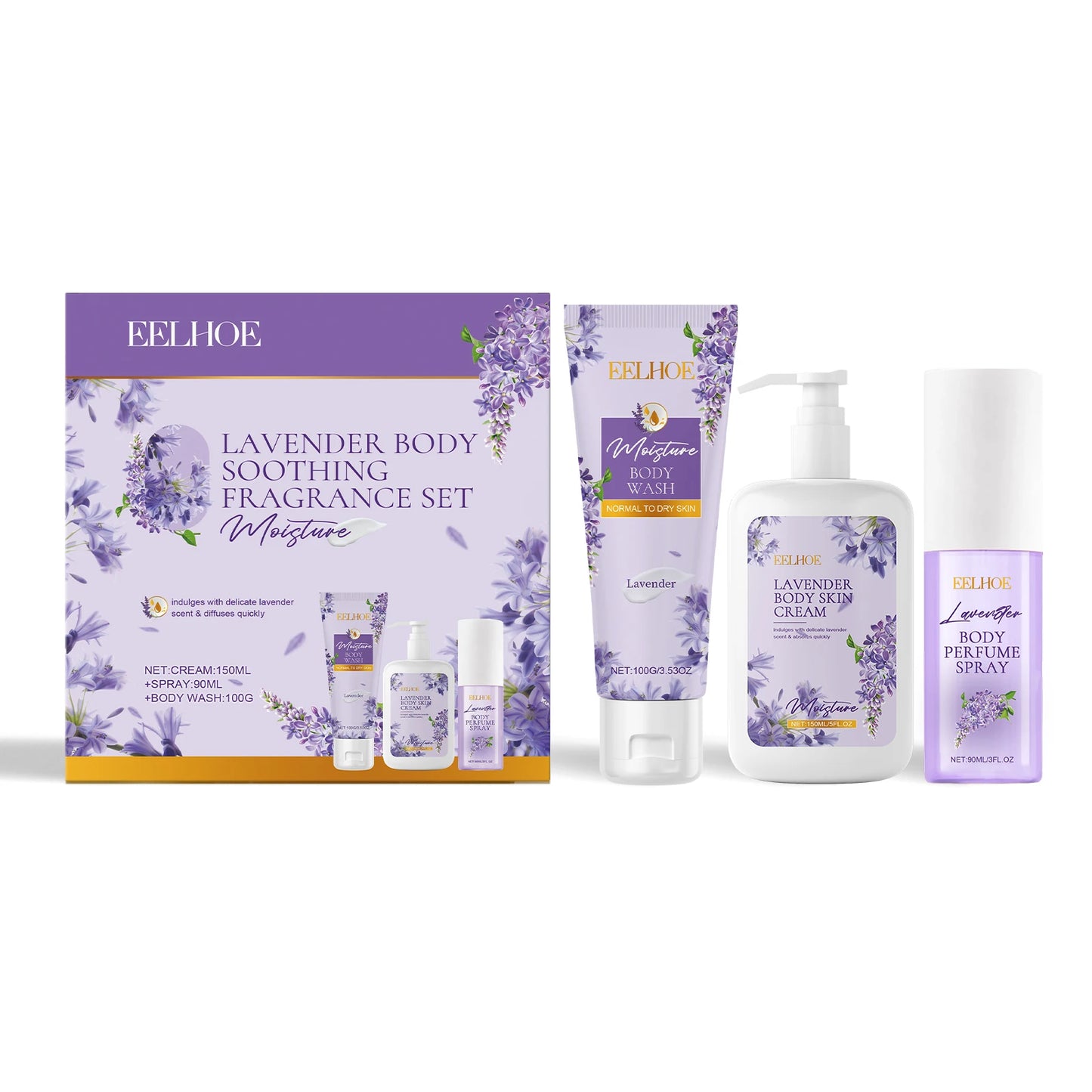EELHOE 3 in 1 Lavender Body Soothing Fragrance Gift Box Relieve Skin Dryness Gentle Skin Hydrating Moisturizing Skincare Set