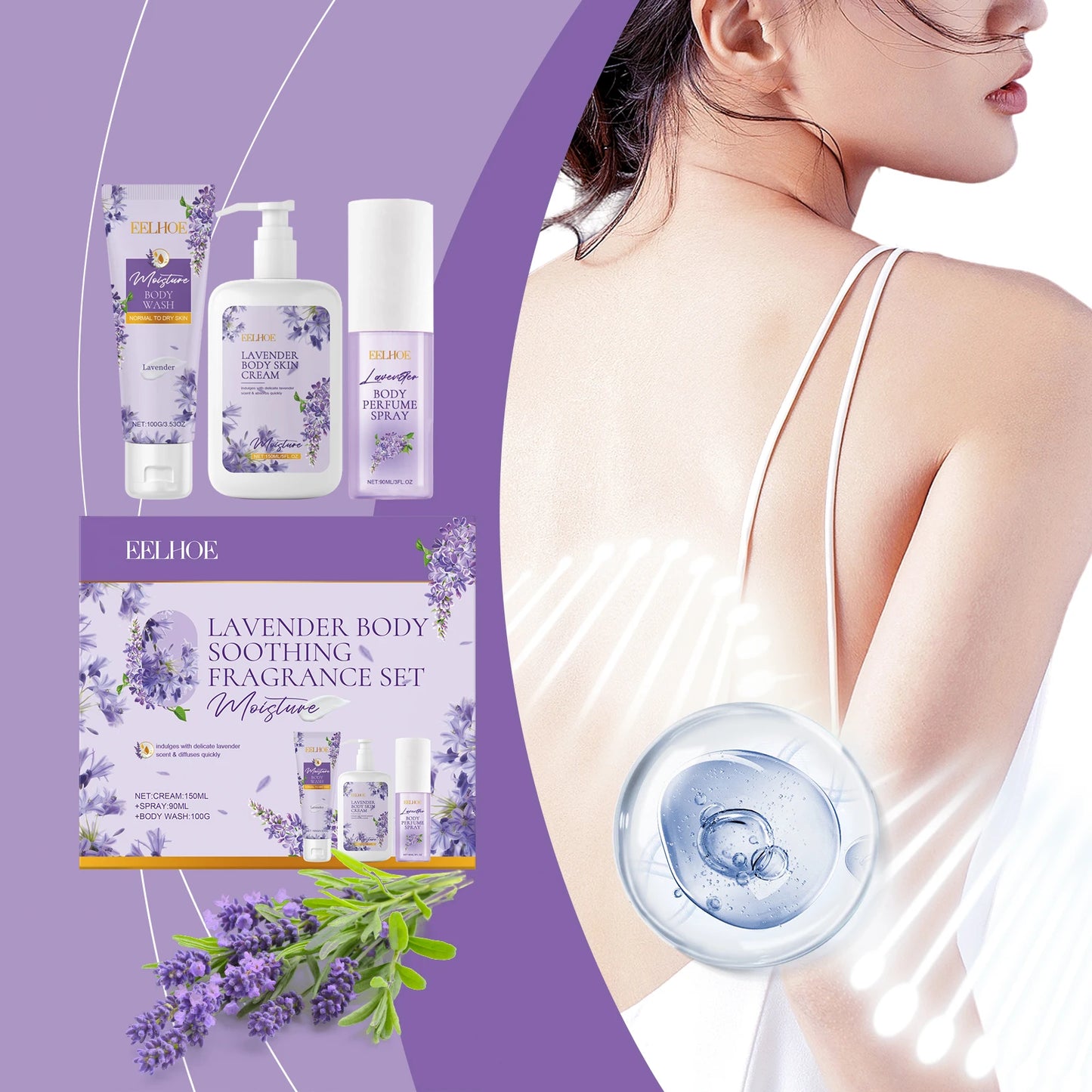 EELHOE 3 in 1 Lavender Body Soothing Fragrance Gift Box Relieve Skin Dryness Gentle Skin Hydrating Moisturizing Skincare Set