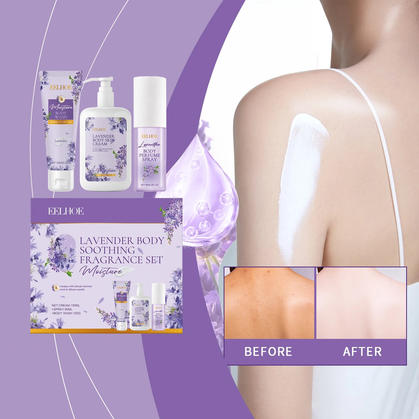 EELHOE 3 in 1 Lavender Body Soothing Fragrance Gift Box Relieve Skin Dryness Gentle Skin Hydrating Moisturizing Skincare Set