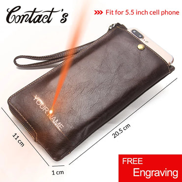 2022 Men Wallet Clutch Genuine Leather Brand Rfid Wallet Male Organizer Cell Phone Clutch Bag Long Coin Purse Free Engrave