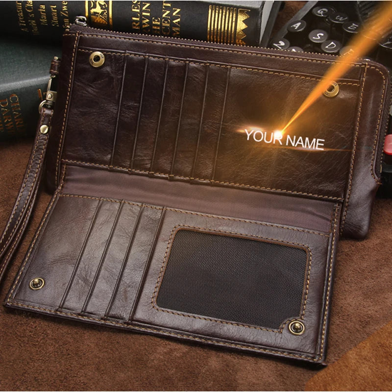 2022 Men Wallet Clutch Genuine Leather Brand Rfid Wallet Male Organizer Cell Phone Clutch Bag Long Coin Purse Free Engrave
