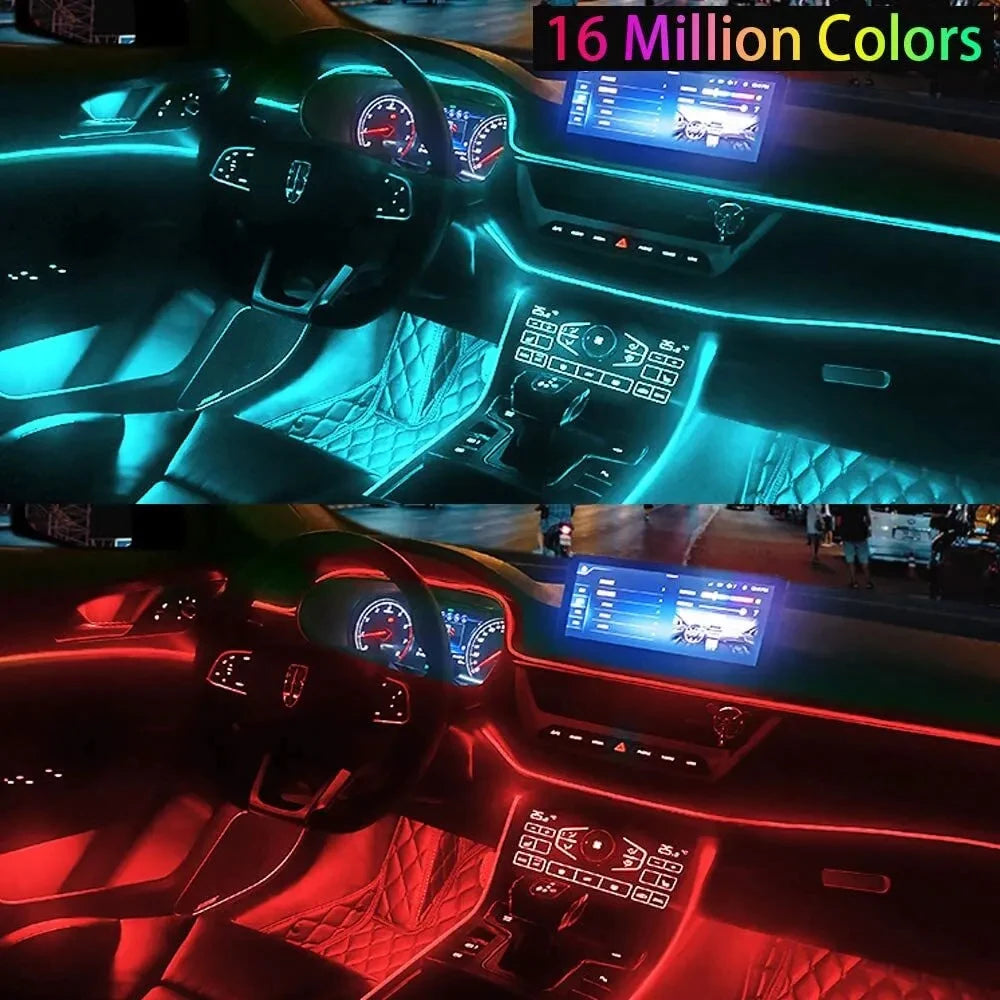 LED Car Interior Ambient Strip Lights RGB Fiber Optic Atmosphere Neon Lighting Kit W/ APP Remote Control Auto Decorative Lamps