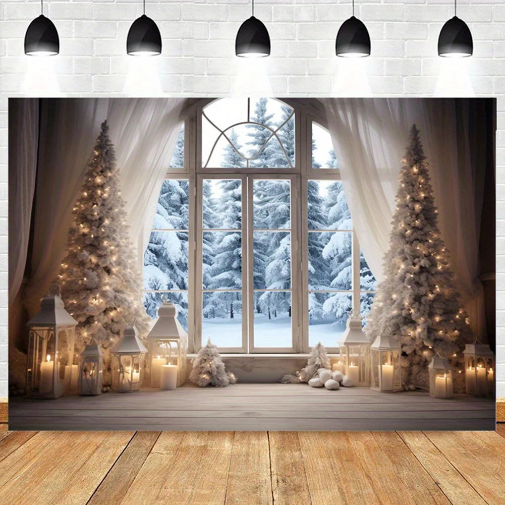 Winter Christmas Photography Backdrop 10x8FT Kid Family Party Portrait Snow Windows Scene Xmas Tree Gifts Background Banner