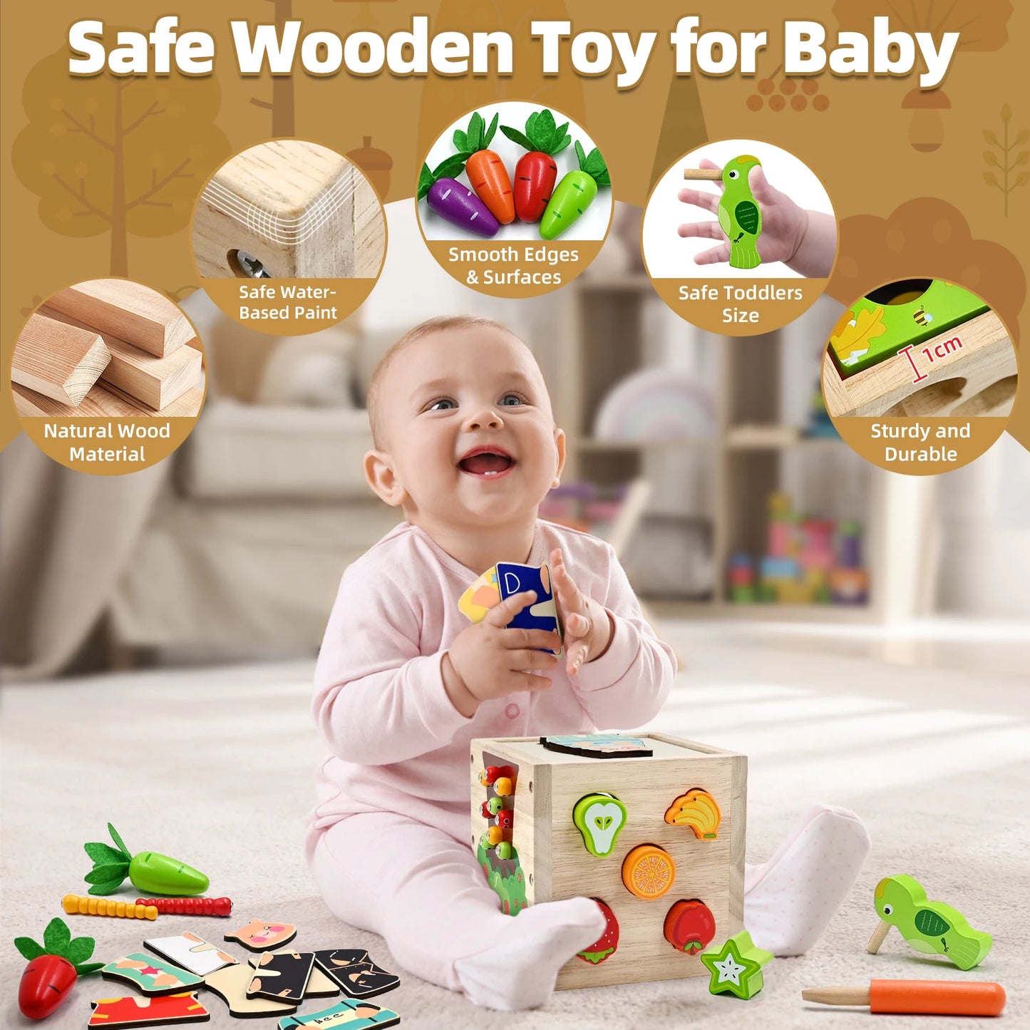 Baby Wooden Activity Cube Center Toys for Boys Girls Birthday Gifts, 5 in 1 Montessori Educational Learning Sensory Toys