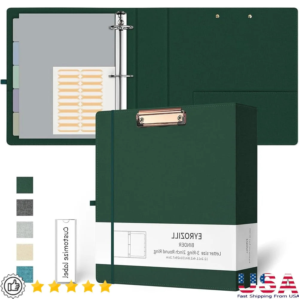 3 Ring Binder 2 Inch Clipboard with 5 Tab Dividers Self-Adhesive Labels Durable File Organizer Portable School Office Supply