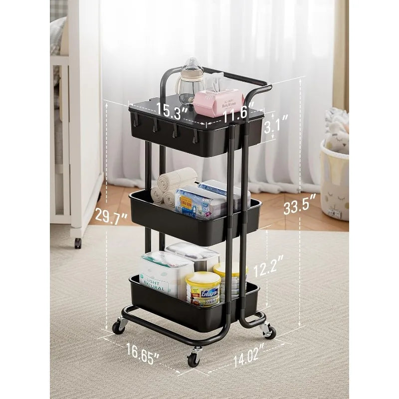 3 Tier Rolling Cart with Table Top, Utility Cart with Wheels & 4 Hooks, Rolling Storage Cart for Home Storage and Organization
