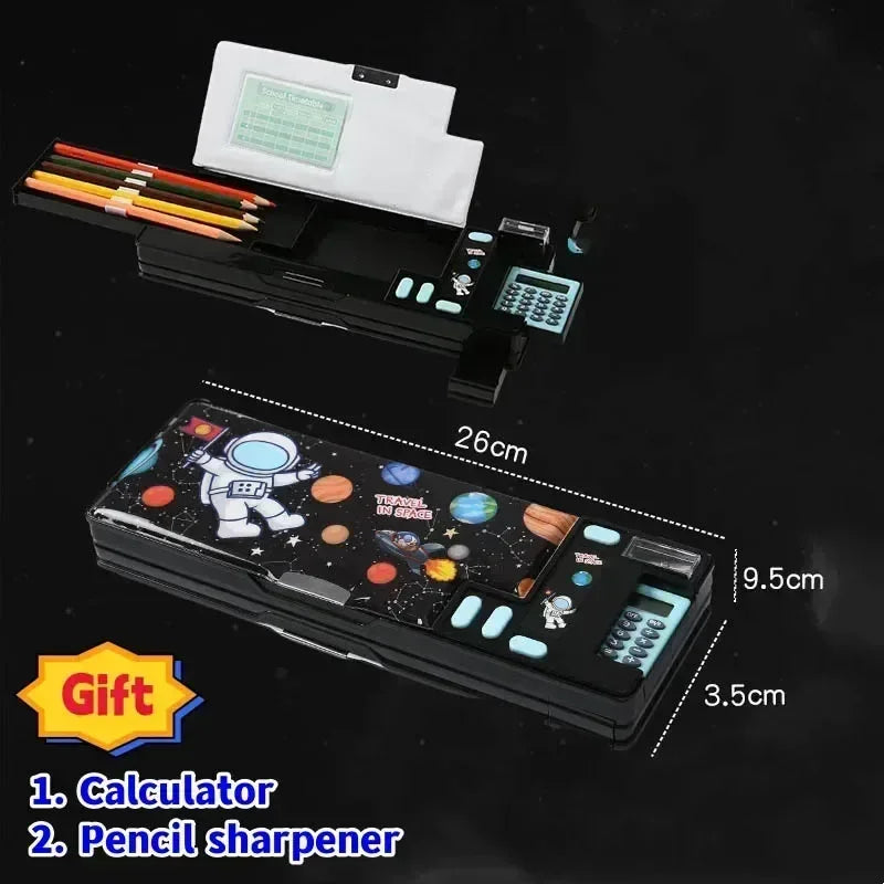 Creative Multi-functional Plastic Stationery Box for Primary School Students Double-sided Magnetic Pencil Calculator Sharpener