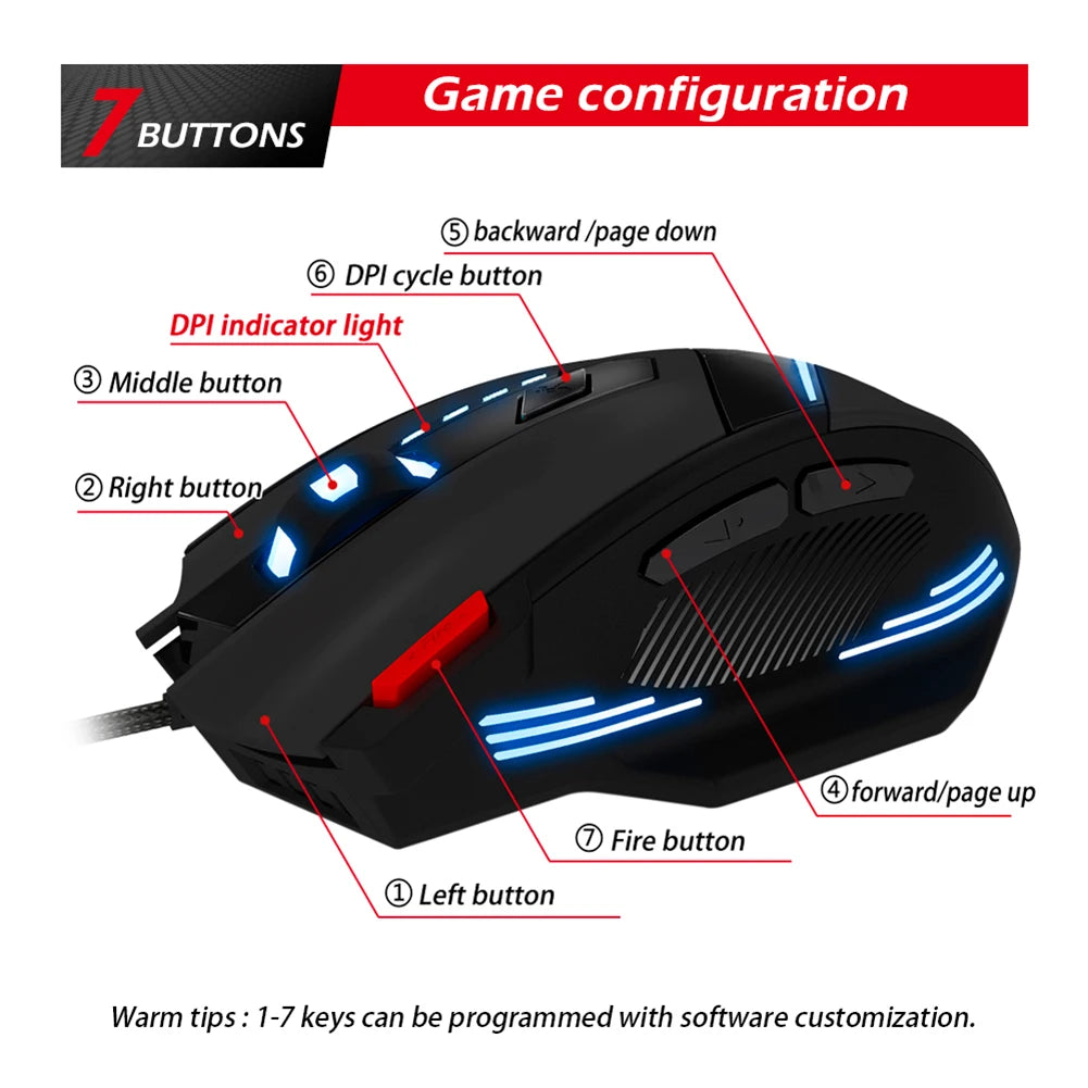 Wired Gaming Mouse with Seven Programmable Buttons and Adjustable DPI for Precise Control and Comfortable Gaming Experience