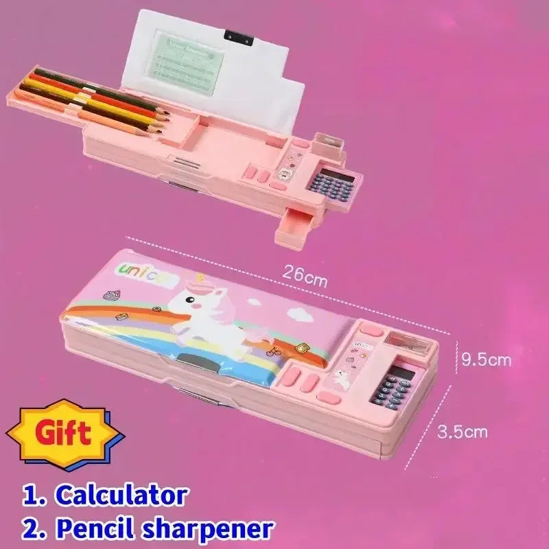 Creative Multi-functional Plastic Stationery Box for Primary School Students Double-sided Magnetic Pencil Calculator Sharpener