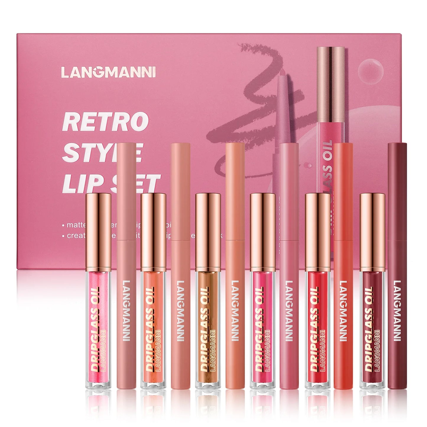12PCS/SET Retro Style Lip Set 6pcs Lipliner Plus 6Pcs Dripglass Oil In One Box Long Lasting Matte Shinny Lip Makeup Cosmetics