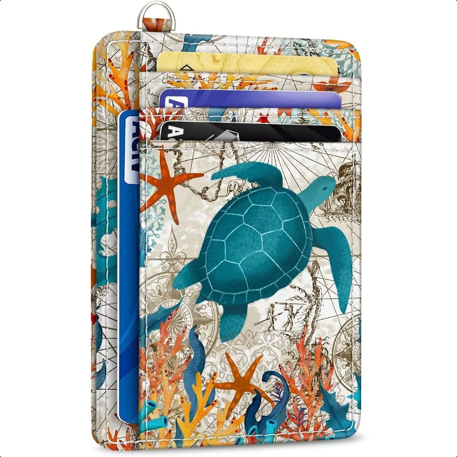 Credit Card Holder Slim Wallet Sea Turtle RFID Wallet Women Front Pocket Small Card Holder Travel Cute Funny Thin Card Case ID