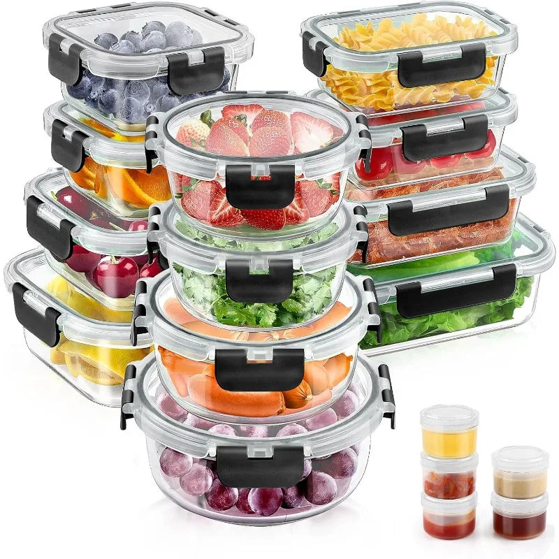 34pcs Glass Food Storage Containers with Lids Set, Airtight Glass Meal Prep Containers (17 Containers & 17 Lids)