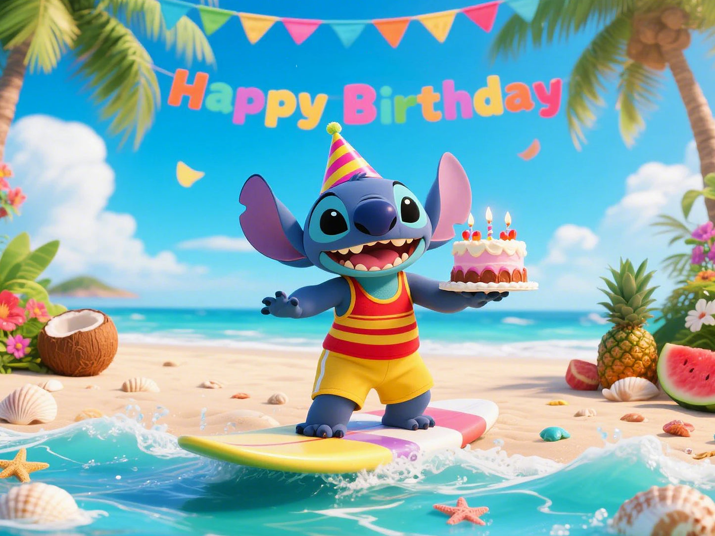 Stitch theme background cute cartoon birthday party beach summer seaside children decoration Photography booth