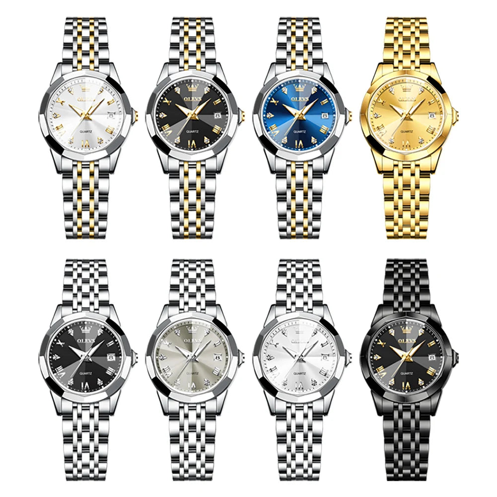 OLEVS Top Brand Elegant Women's Watches Rhombus Mirror Original Quartz Lady Wristwatch Diamond Stainless Fashion Waterproof