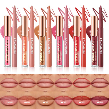 12PCS/SET Retro Style Lip Set 6pcs Lipliner Plus 6Pcs Dripglass Oil In One Box Long Lasting Matte Shinny Lip Makeup Cosmetics