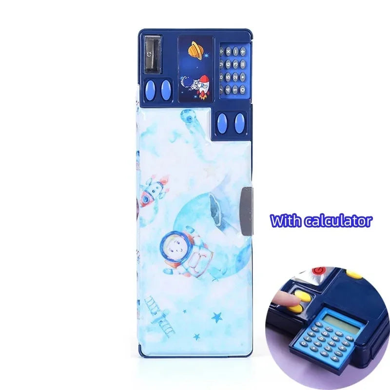 Creative Multi-functional Plastic Stationery Box for Primary School Students Double-sided Magnetic Pencil Calculator Sharpener