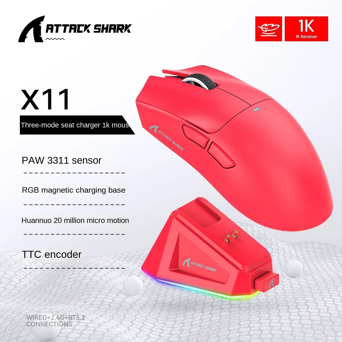Attack Shark X11 Triple Mode Connectivity, PAW3311 Bluetooth Mouse, Touch Magnetic Charging Dock, Ultra-Light Gaming Mouse