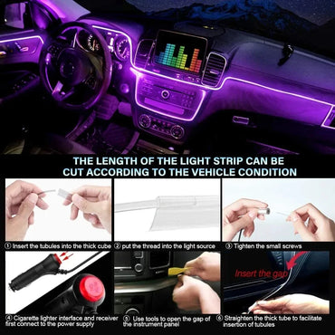 LED Car Interior Ambient Strip Lights RGB Fiber Optic Atmosphere Neon Lighting Kit W/ APP Remote Control Auto Decorative Lamps