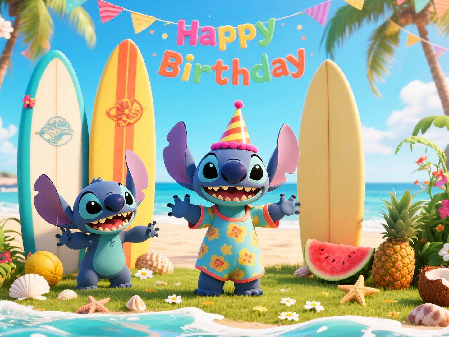 Stitch theme background cute cartoon birthday party beach summer seaside children decoration Photography booth
