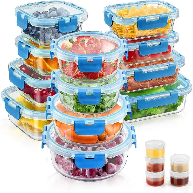 34pcs Glass Food Storage Containers with Lids Set, Airtight Glass Meal Prep Containers (17 Containers & 17 Lids)