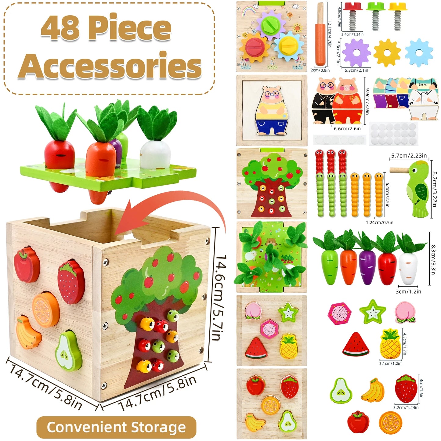 Baby Wooden Activity Cube Center Toys for Boys Girls Birthday Gifts, 5 in 1 Montessori Educational Learning Sensory Toys