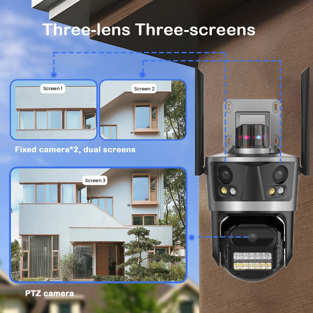 Hongnaer 12MP 6K Three Lenses Wireless WiFi Three Video PTZ Network Night Vision ICSee CCTV Outdoor WiFi Security Camera