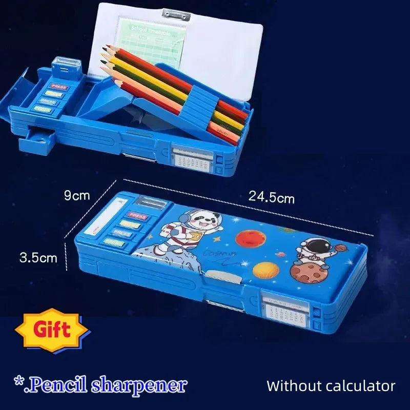 Creative Multi-functional Plastic Stationery Box for Primary School Students Double-sided Magnetic Pencil Calculator Sharpener