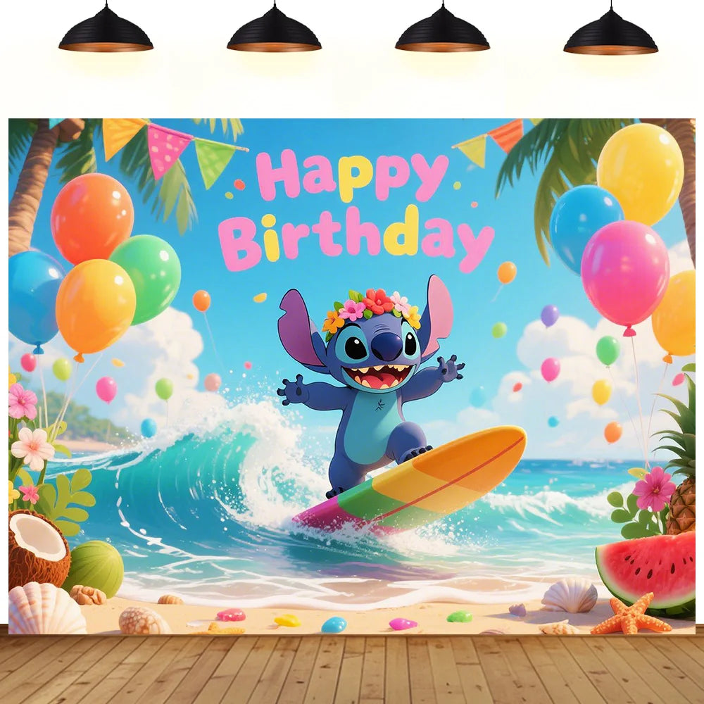 Stitch theme background cute cartoon birthday party beach summer seaside children decoration Photography booth