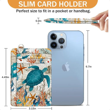 Credit Card Holder Slim Wallet Sea Turtle RFID Wallet Women Front Pocket Small Card Holder Travel Cute Funny Thin Card Case ID