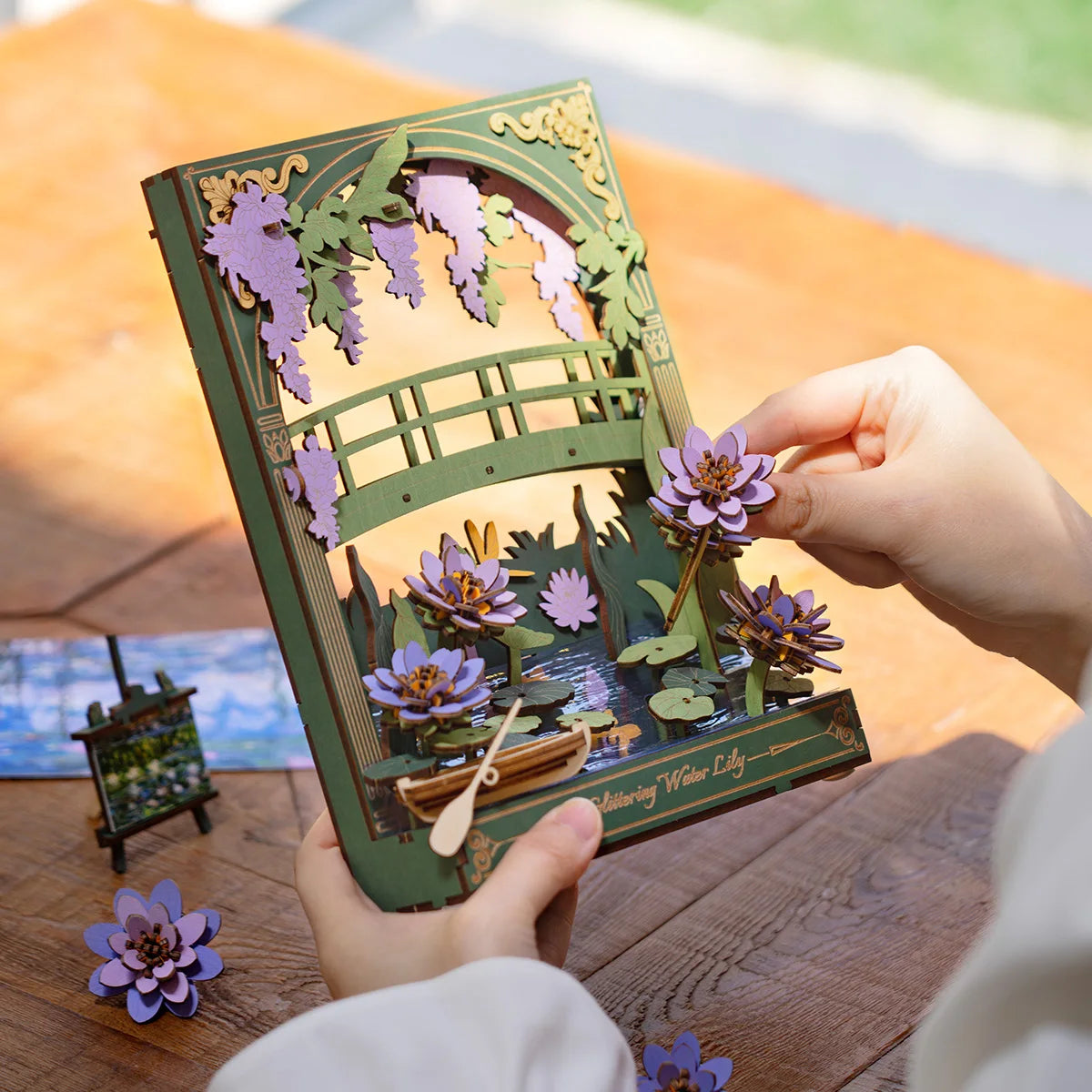 ROWOOD 3d Wooden Puzzle with LED Light Flower Model Kits Tabletop Display Wall Art Deco Puzzle Gifts for Adults Teens