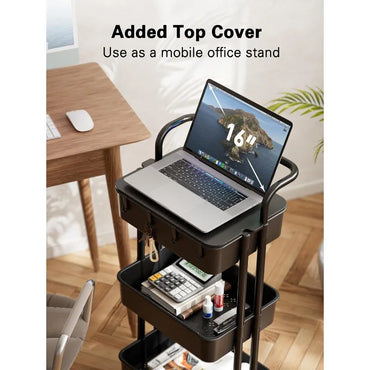 3 Tier Rolling Cart with Table Top, Utility Cart with Wheels & 4 Hooks, Rolling Storage Cart for Home Storage and Organization
