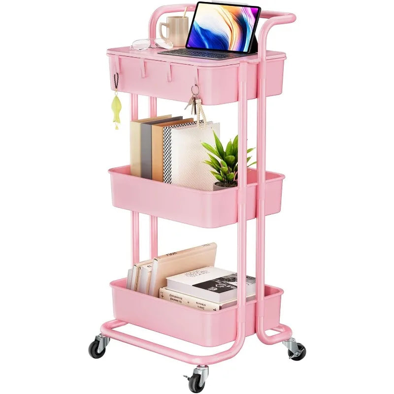 3 Tier Rolling Cart with Table Top, Utility Cart with Wheels & 4 Hooks, Rolling Storage Cart for Home Storage and Organization