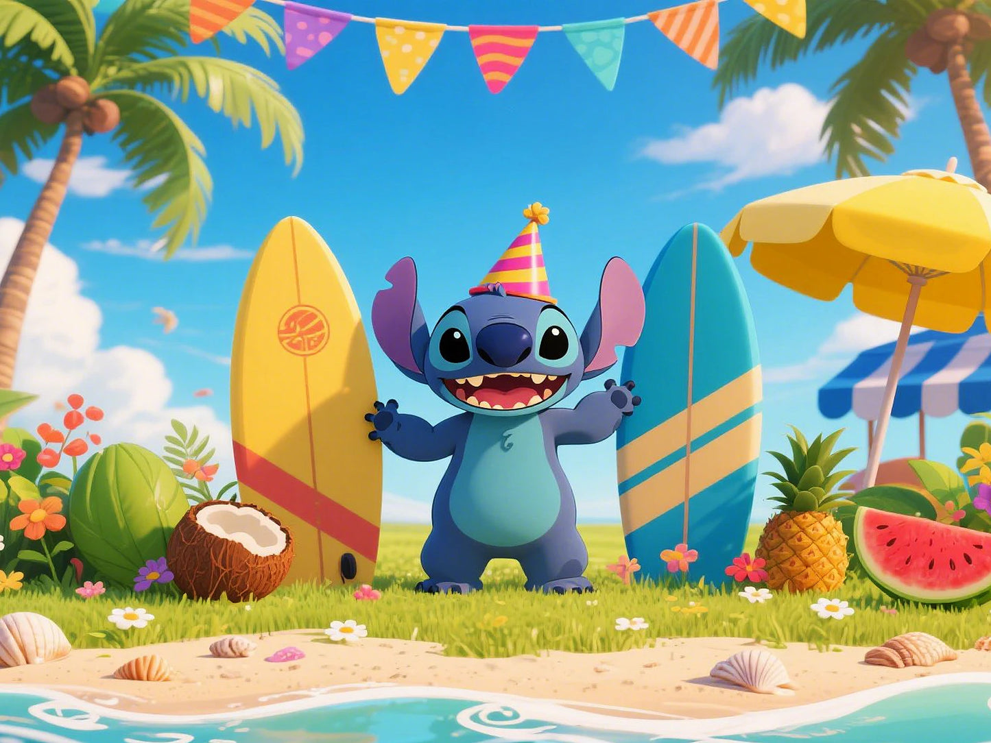 Stitch theme background cute cartoon birthday party beach summer seaside children decoration Photography booth