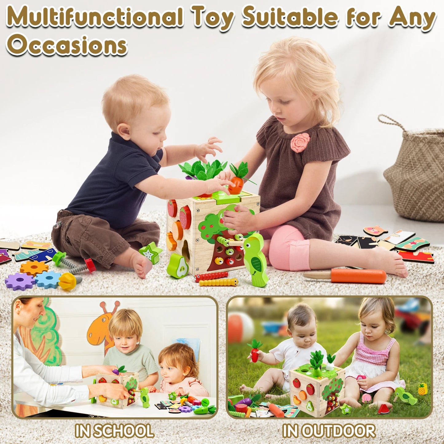 Baby Wooden Activity Cube Center Toys for Boys Girls Birthday Gifts, 5 in 1 Montessori Educational Learning Sensory Toys