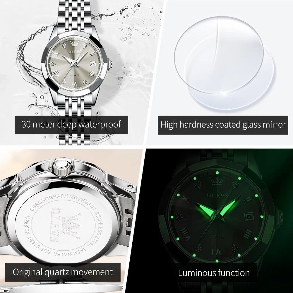 OLEVS Top Brand Elegant Women's Watches Rhombus Mirror Original Quartz Lady Wristwatch Diamond Stainless Fashion Waterproof