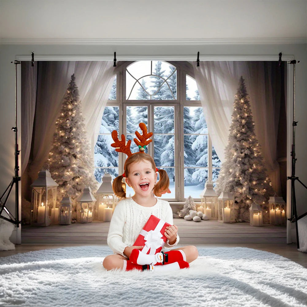 Winter Christmas Photography Backdrop 10x8FT Kid Family Party Portrait Snow Windows Scene Xmas Tree Gifts Background Banner