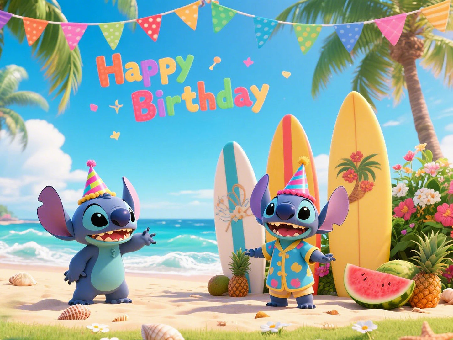 Stitch theme background cute cartoon birthday party beach summer seaside children decoration Photography booth