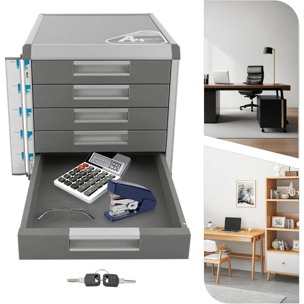 Desk Organizer with 5 Drawers Aluminum Alloy Desk Storage Box Lockable File Organizer for Office Supplies School Home