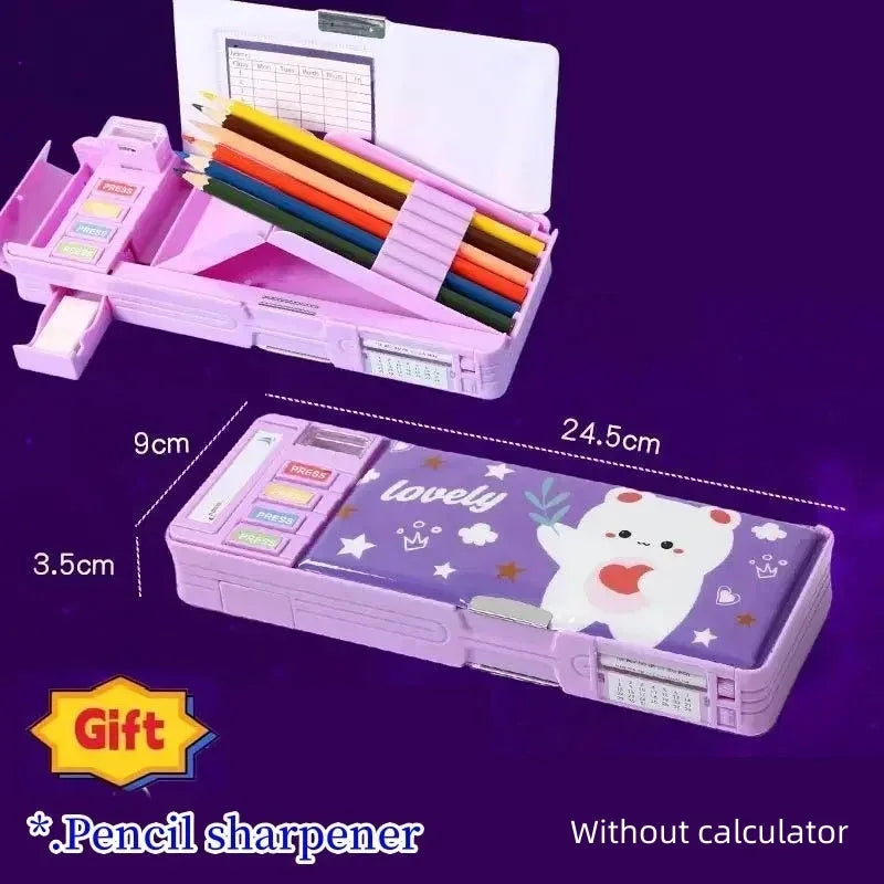 Creative Multi-functional Plastic Stationery Box for Primary School Students Double-sided Magnetic Pencil Calculator Sharpener