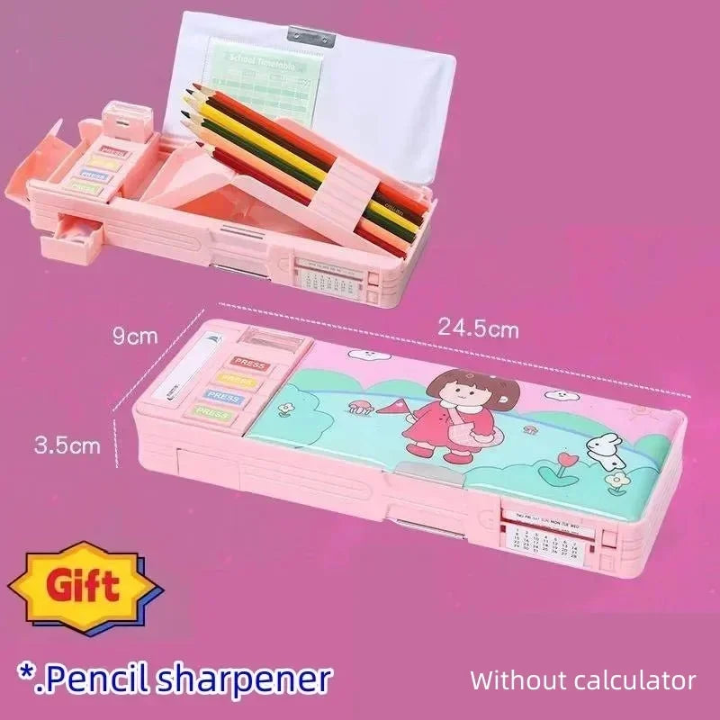 Creative Multi-functional Plastic Stationery Box for Primary School Students Double-sided Magnetic Pencil Calculator Sharpener