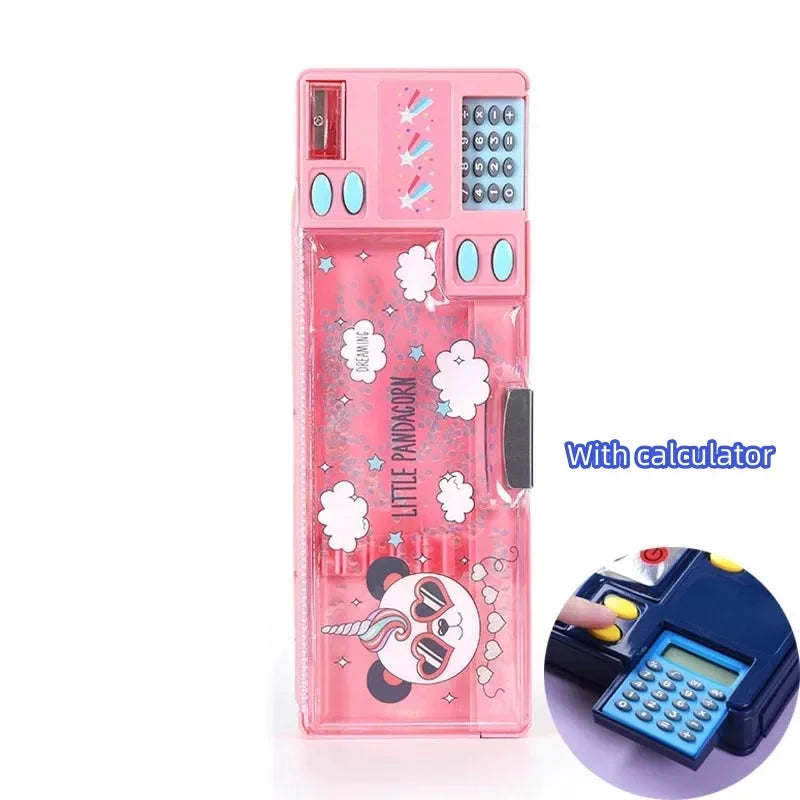 Creative Multi-functional Plastic Stationery Box for Primary School Students Double-sided Magnetic Pencil Calculator Sharpener