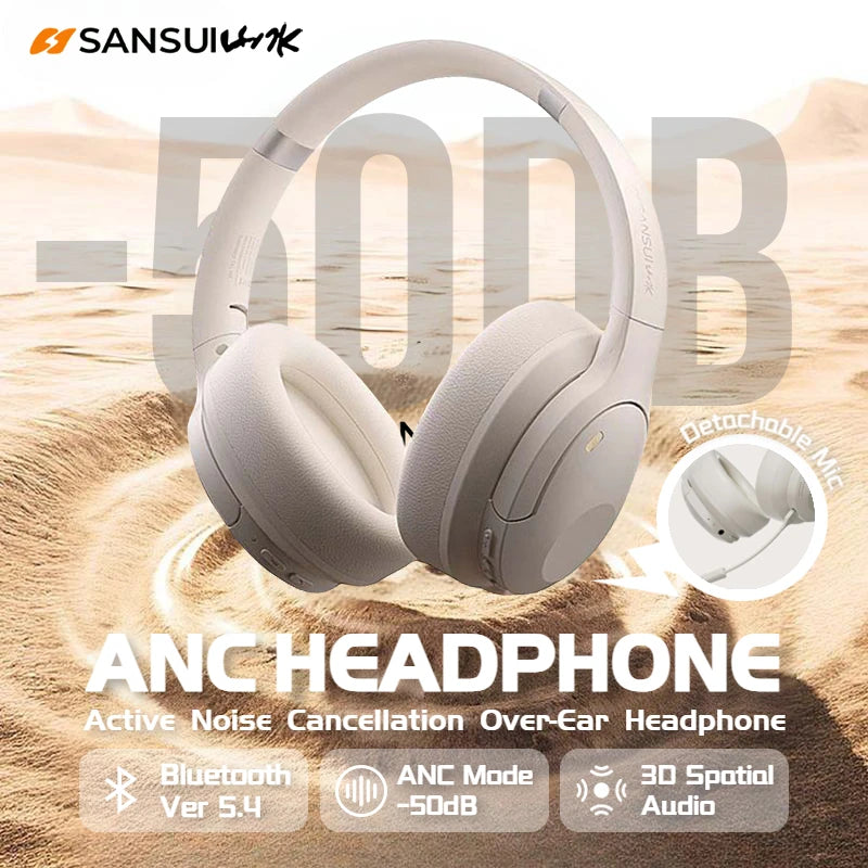 Sansui 50dB ANC Wireless Bluetooth 5.4 Headphone Over-Ear Earphone with Detachable Microphone Active Noise Cancellation Headsets