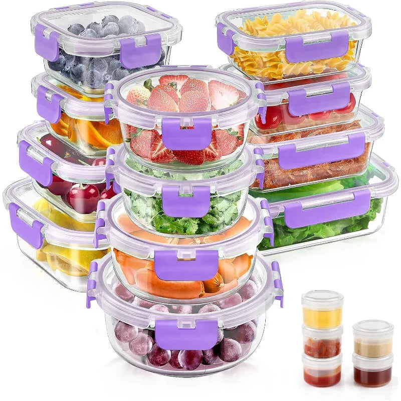 34pcs Glass Food Storage Containers with Lids Set, Airtight Glass Meal Prep Containers (17 Containers & 17 Lids)