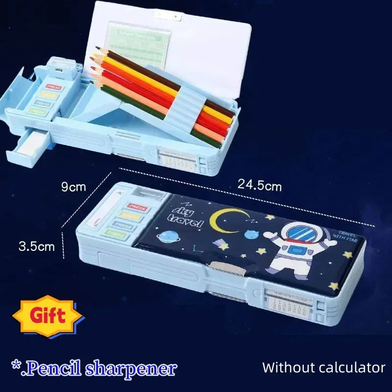 Creative Multi-functional Plastic Stationery Box for Primary School Students Double-sided Magnetic Pencil Calculator Sharpener