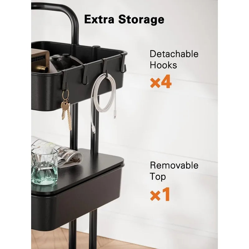 3 Tier Rolling Cart with Table Top, Utility Cart with Wheels & 4 Hooks, Rolling Storage Cart for Home Storage and Organization