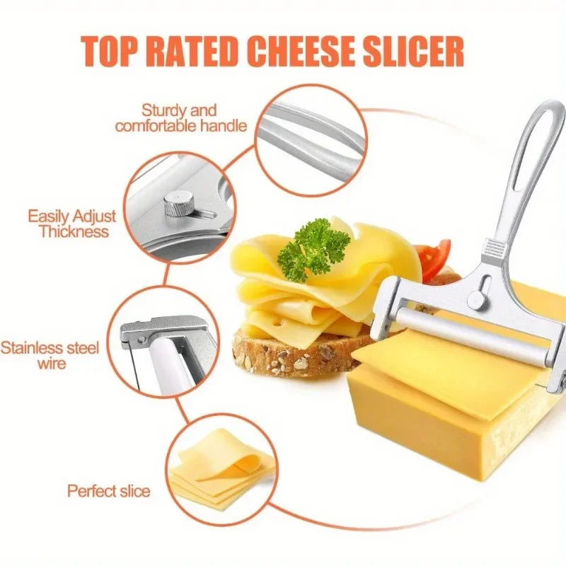 2 Pieces Stainless Steel Wire Cheese Slicer with Cheese Planer, Adjustable Thickness, Kitchen Cooking Tools, Gray