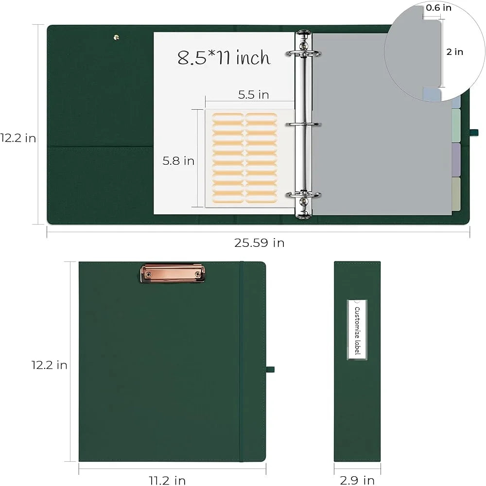 3 Ring Binder 2 Inch Clipboard with 5 Tab Dividers Self-Adhesive Labels Durable File Organizer Portable School Office Supply
