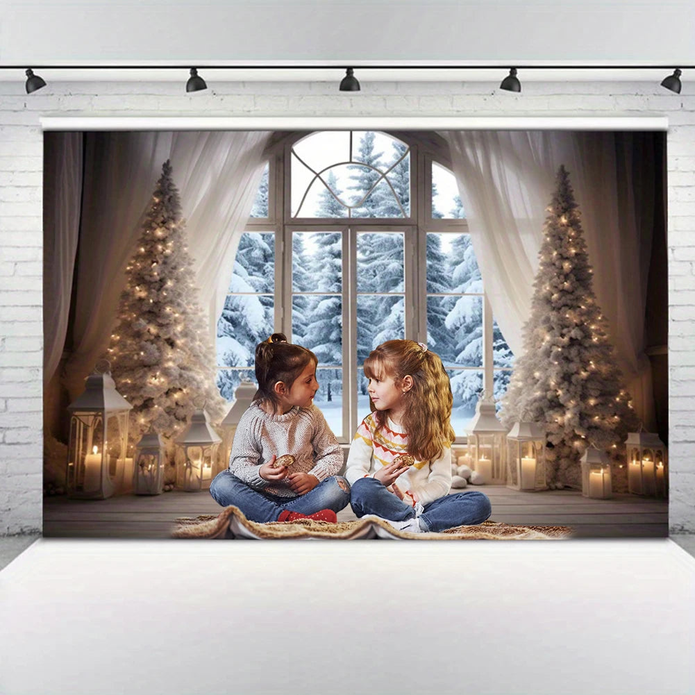 Winter Christmas Photography Backdrop 10x8FT Kid Family Party Portrait Snow Windows Scene Xmas Tree Gifts Background Banner