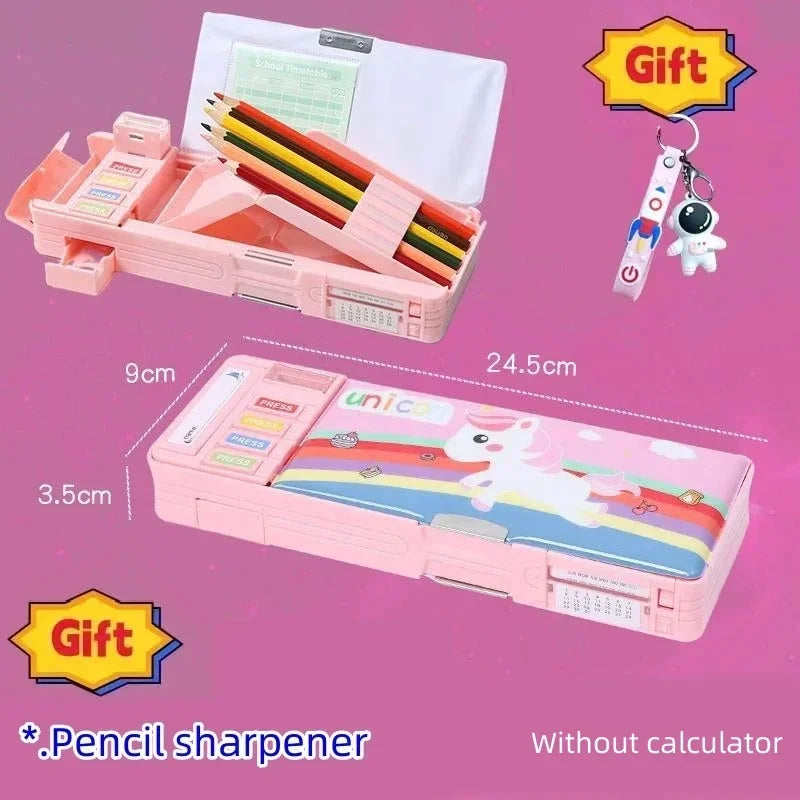 Creative Multi-functional Plastic Stationery Box for Primary School Students Double-sided Magnetic Pencil Calculator Sharpener